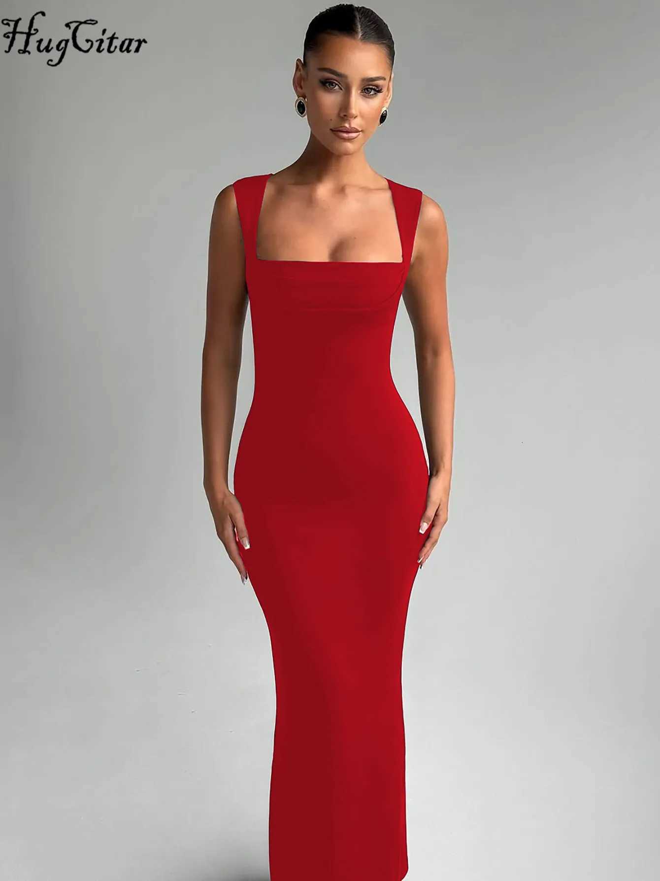 Hugcitar Women Elegant Solid Square Collar Straps Sexy Bodycon Maxi Prom Dress Summer Women Y2K Clothes Evening Party Birthday C260331