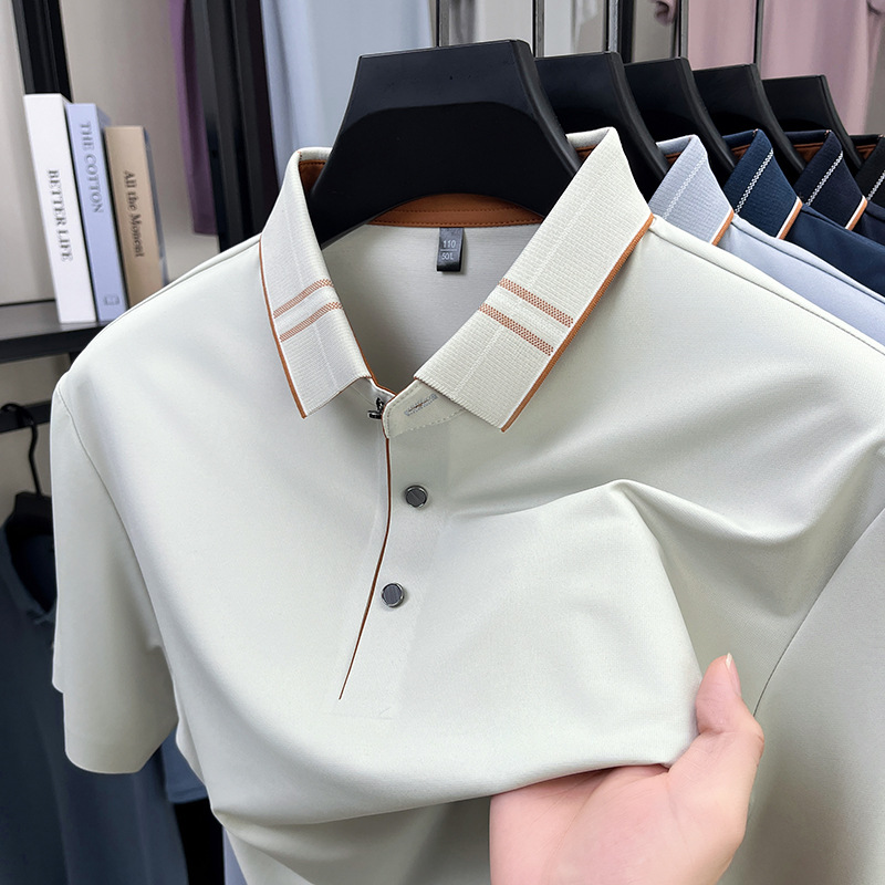 Men's Polo Shirt Summer New Solid Color Lapel Business Casual Short Sleeve Breathable Thin Mulberry Silk Top for Men