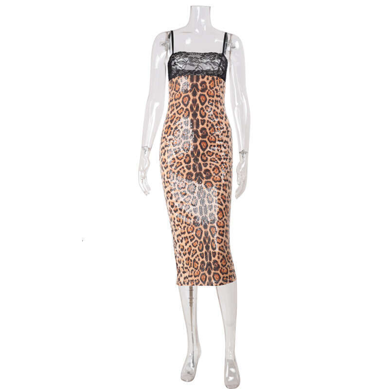 European And American New Fashion Sexy Leopard Print Sequin Strap Split Lace Patchwork Dress For Women Luanyun