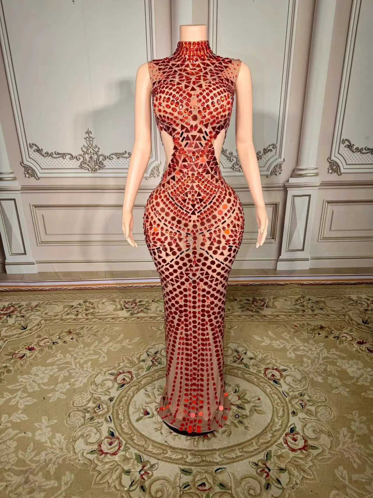 Luxury Mirror Rhinestones Long Dress for Women Singer Celebrity Evening Party Catwalk Prom Outfit Stage Photo Shoot Dresses C260331