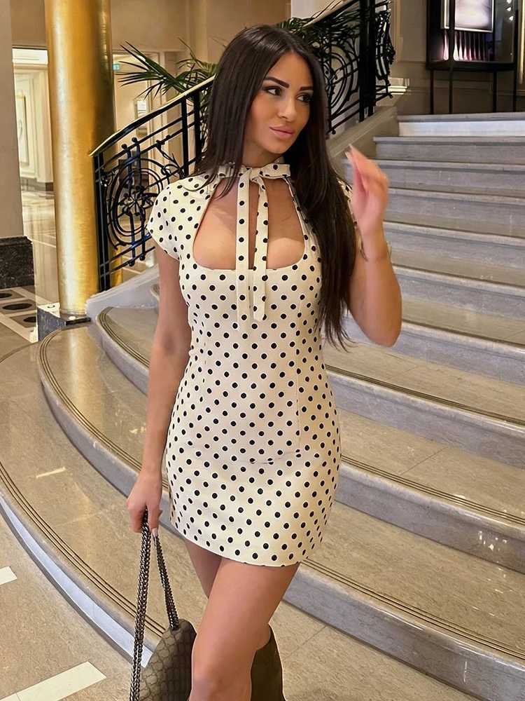 HH Summer Fashion Womens Polka Dot Mini Dress 2026 Short Sleeve Lace Up Collar Party Dress Female Hollow Out Sexy Evening Dress C260331
