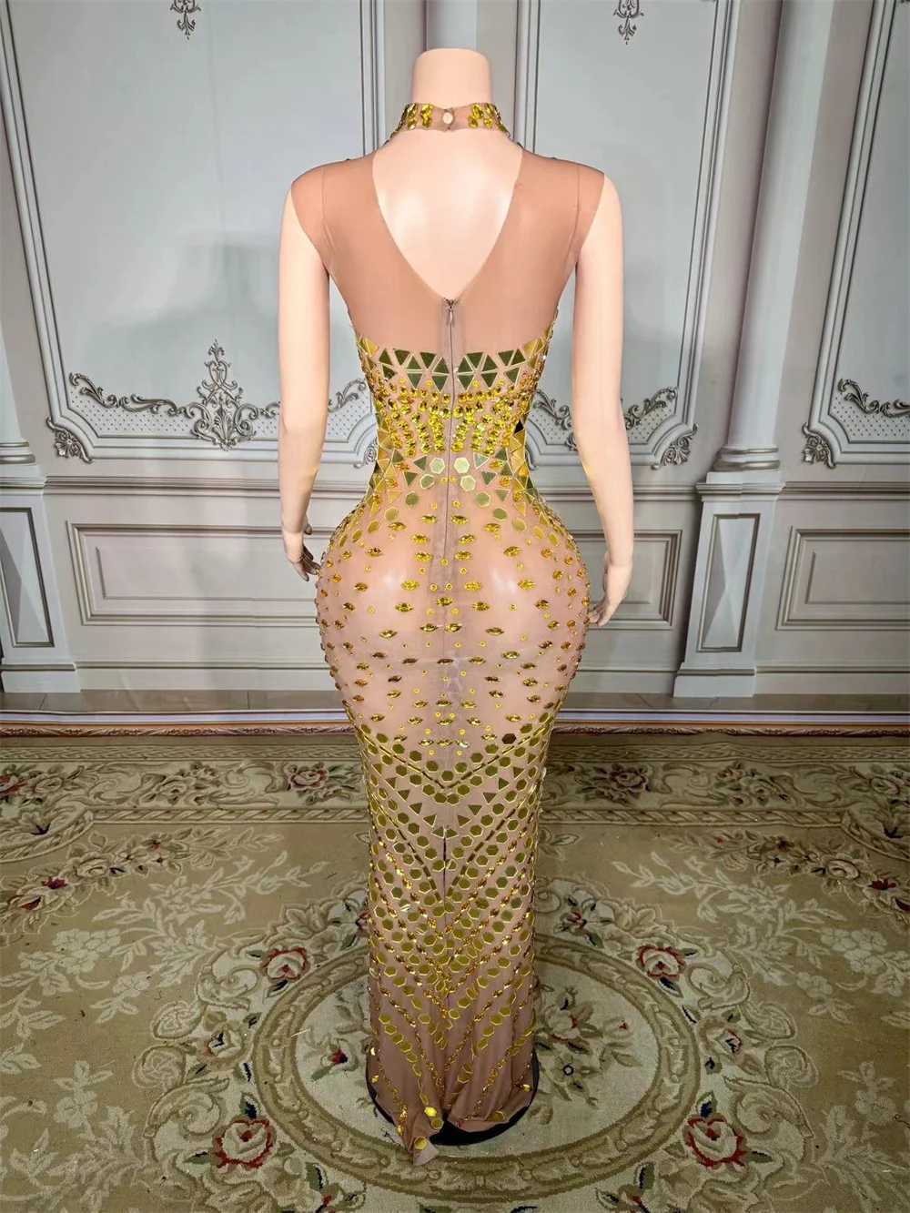 Luxury Mirror Rhinestones Long Dress for Women Singer Celebrity Evening Party Catwalk Prom Outfit Stage Photo Shoot Dresses C260331