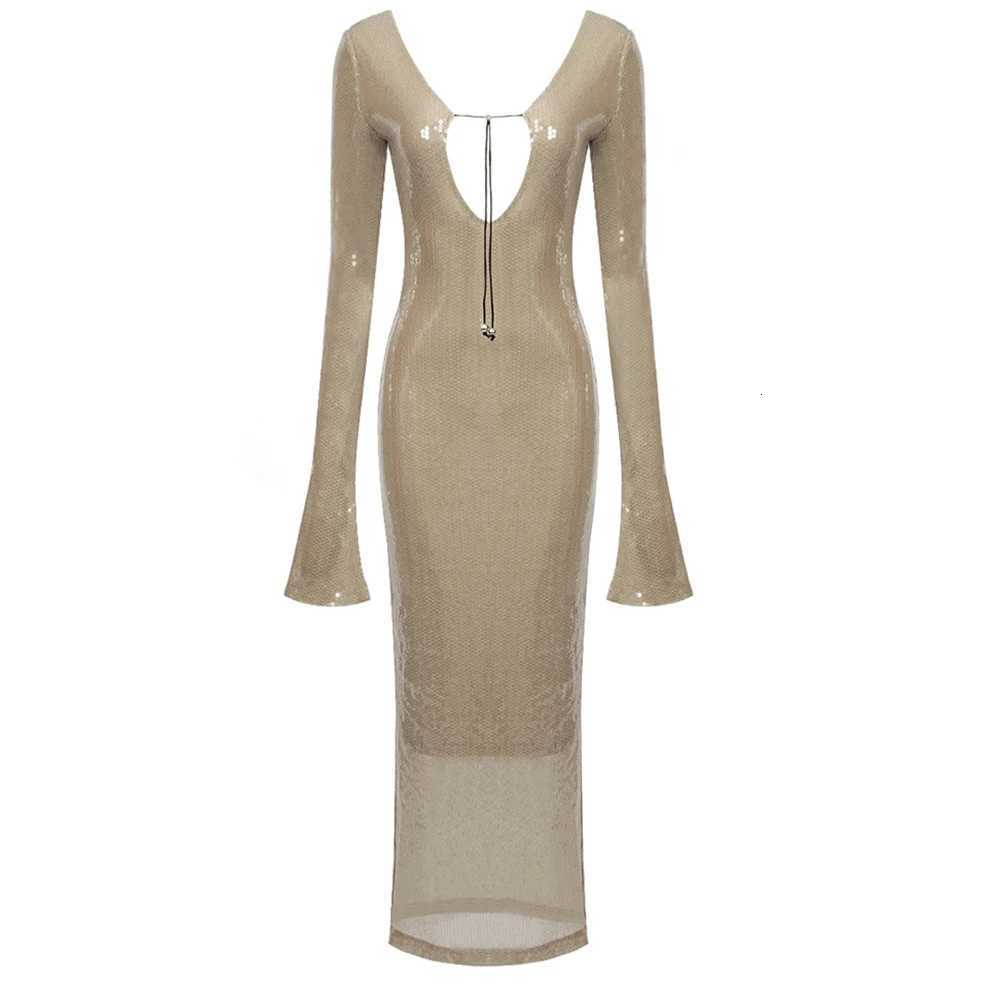 Elegant Deep V Sequin Long Sleeve Party Dress for Women Backless Lace Up Midi Dress Ankle Length Evening Dress Formal Gown Wear C260331