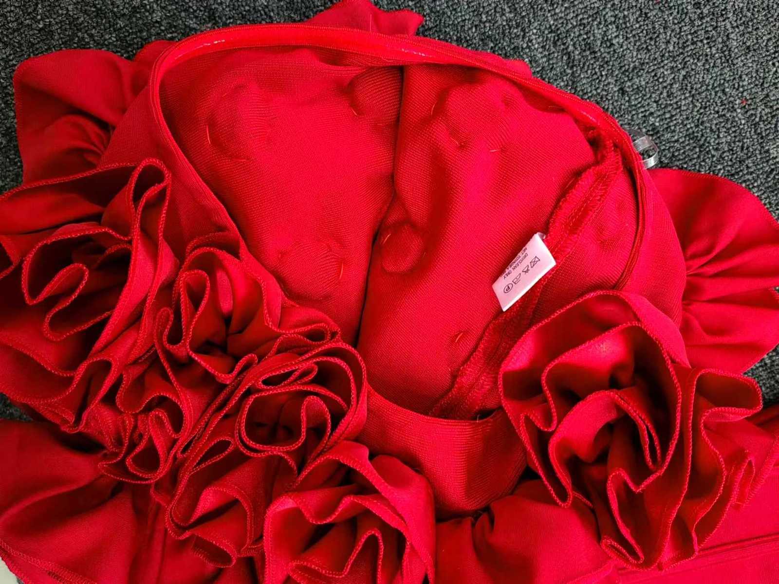 Real Photos Red Club Outfits Women Bandage Strapless Corset Crop Top and Flowers Mini Short Skirt Two Piece Sets Evening Dress C260331