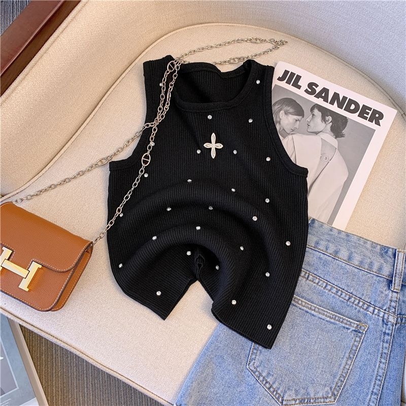 Summer Sexy Sleeveless Vest Korean Fashion Inlay Diamond Luxury Slim Fit Knitting Tank Tops Women Camis Clothes