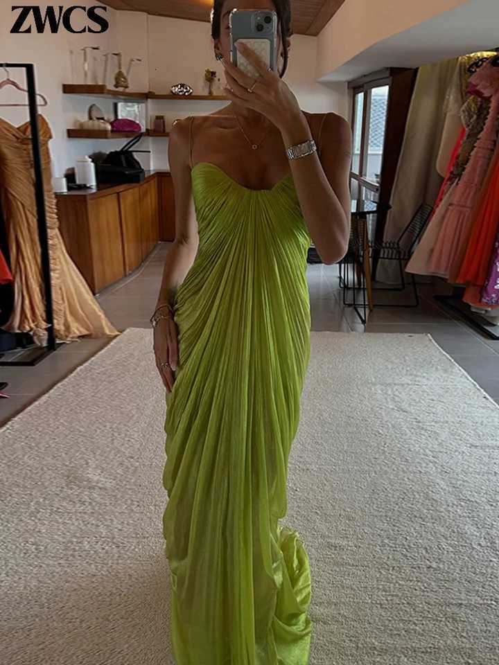 Green Pleated Party Gowns 2026 Summer New Female Sexy Off Shoulder Sleeveless Backless Sling Dresses Womens Solid Long Dress C260331