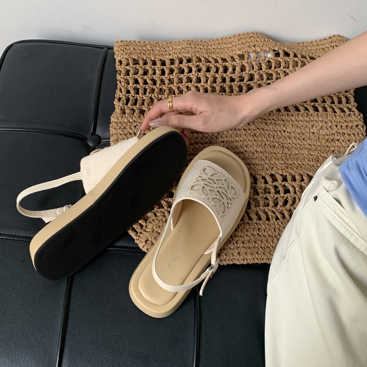 JIANERUI Free shipping hot 2026 luxury Knitted square toed Roman sandals women breathable
