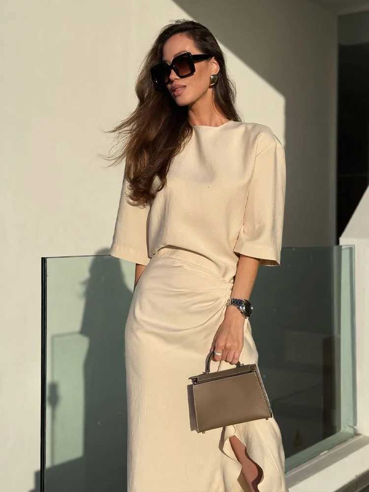 HH Women New Fashion Round Neck Pleated Short Sleeve Waist Dress Women Casual Sexy Side Zipper Button Solid Midi Summer Dress C260331