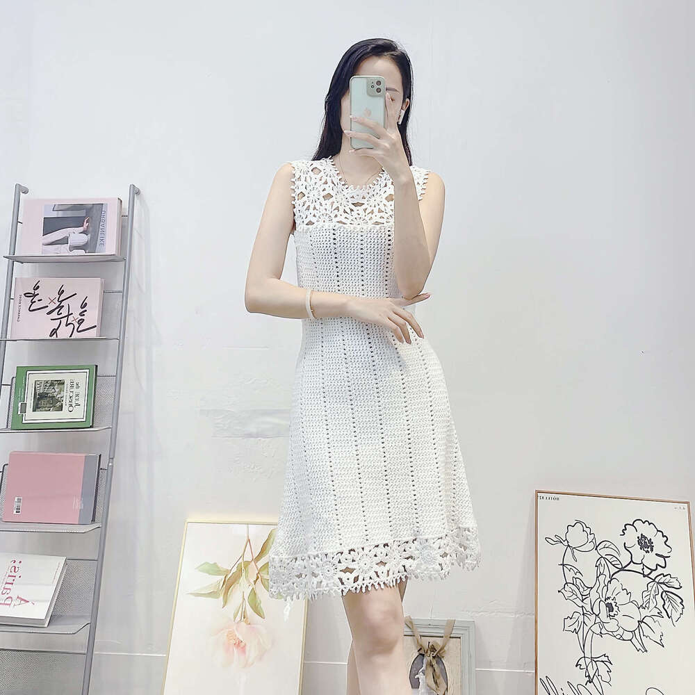 2026 k30 summer new designer elegant and sexy hollow out embroidered floral patchwork pure cotton knitted women's dress