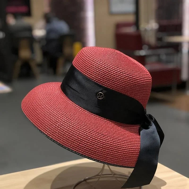 Womens French Retro Straw Sun Hat with Bow Detail - Hepburn Style Elegant Wide Brim UPF 50 Sun Protection for Beach Vacation 260330