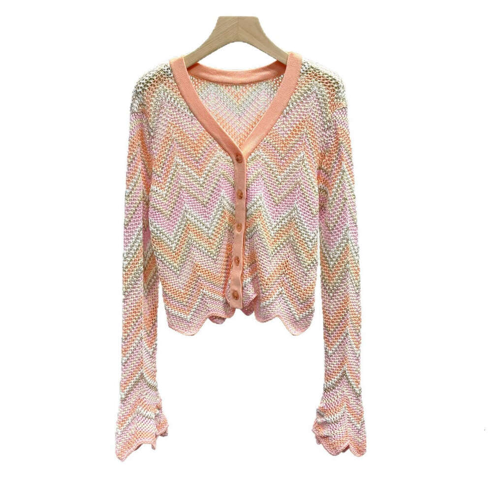 Designer high-end women's French vacation style retro wave pattern gold thread knitted k30 cardigan with bell shaped sleeves