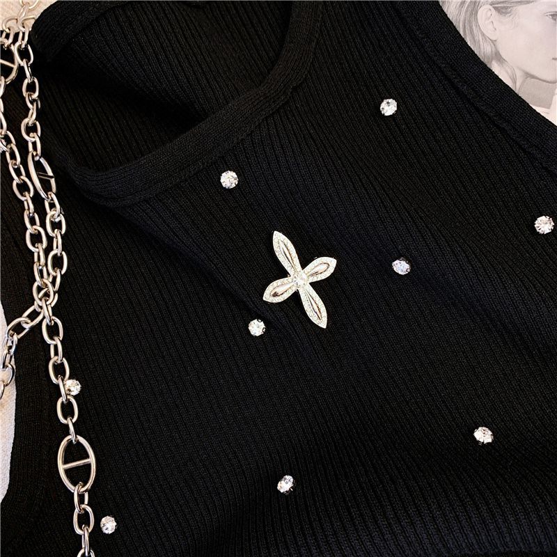 Summer Sexy Sleeveless Vest Korean Fashion Inlay Diamond Luxury Slim Fit Knitting Tank Tops Women Camis Clothes