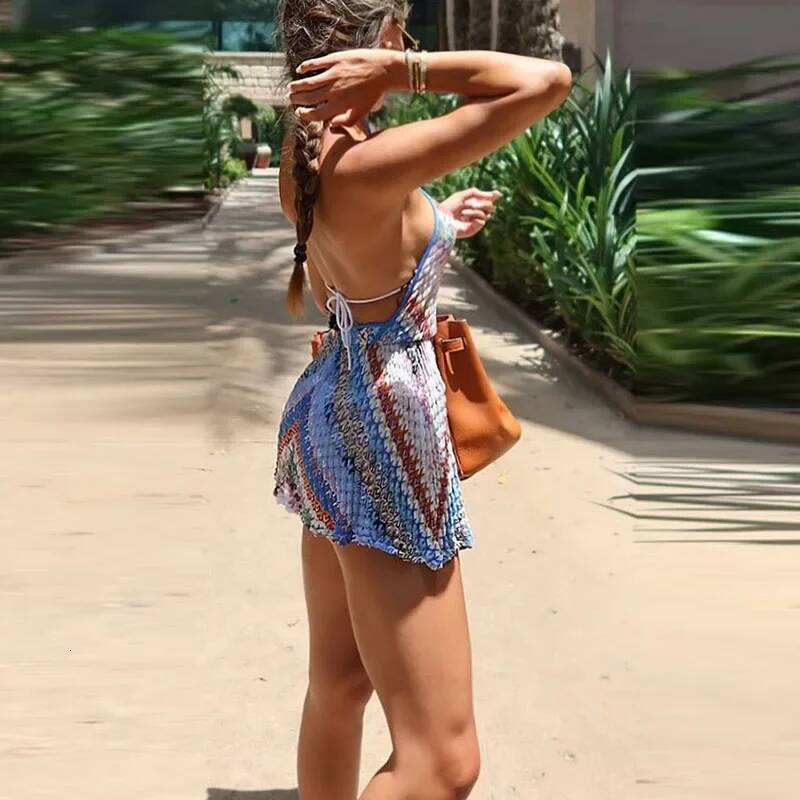 Summer Halter Print Beach Shorts Jumpsuits Sexy Off Shoulder Wide Leg Short Rompers Sleeveless Slim Backless Playsuits