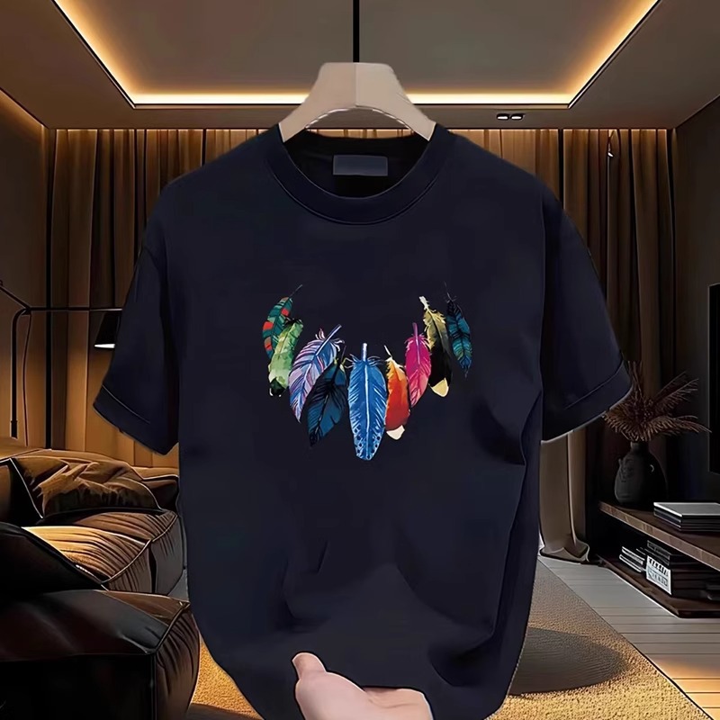 2026 Summer Men's Heavyweight T-Shirts | Colorful Feather Graphic Crew Neck Trendy Premium Youth Basic Tees