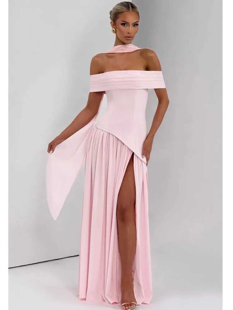 Articat Elegant Off-Shoulder Slit Ruched Party Club Evening Dress Women Sexy Backless Slim Zipper Long Dress Formal Dress 2025 C260331