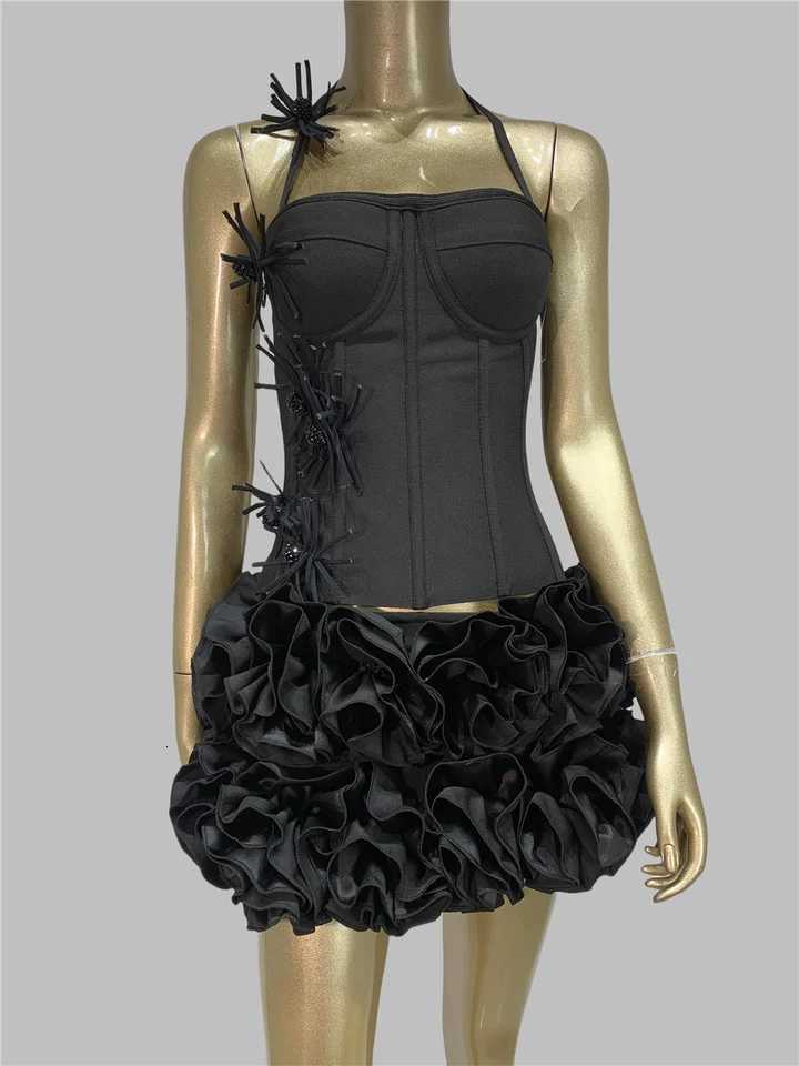 2025 New Designer Bandage Skirt Sets For Women Sexy Halter Bodycon Top And Flower Mini Skirt Two Piece Sets Evening Party Outfit C260331