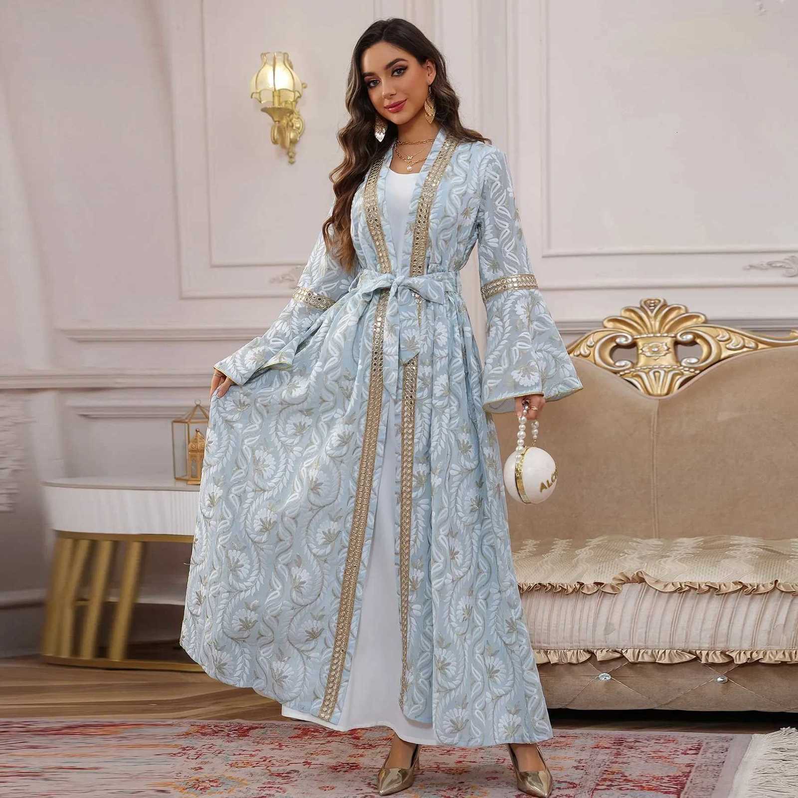 Eid Arab Muslim Party Dress Women Abaya with Inner Dress 2 Piece Set Jalabiya Morocco Kaftan Vestidos Dubai Ramadan Gown Robe C260331
