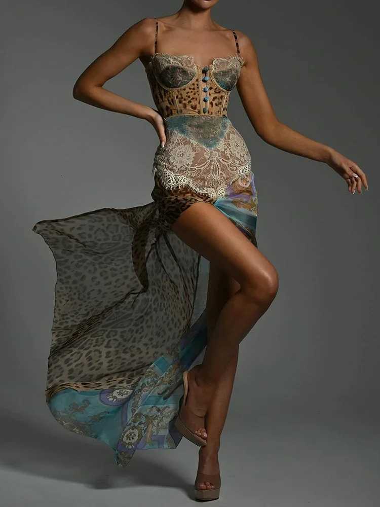 JIAYAN Leopard Print Lace Split Sexy Maxi Dress Women Gown Elegant Patchwork Chiffon Sleeveless Backless Beach Evening Dress C260331