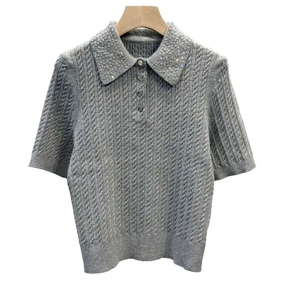 French luxury 2026 autumn women's fashion rhinestone polo collar ribbed sweater short sleeved k30 pullover elegant knit sweater