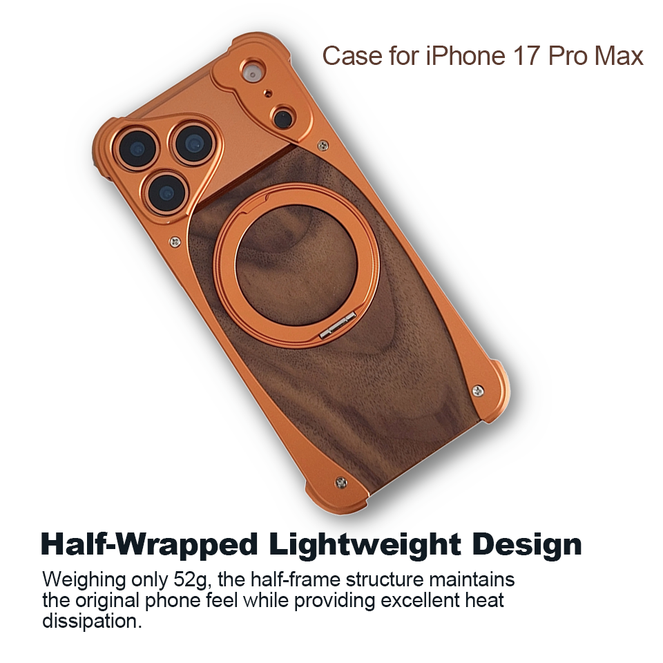 Premium Walnut Wood & Aluminum Case for iPhone 17 Pro Max, Magnetic Swivel Kickstand Cover, Half-Wrapped Industrial Design, MagSafe Compatible, DIY To