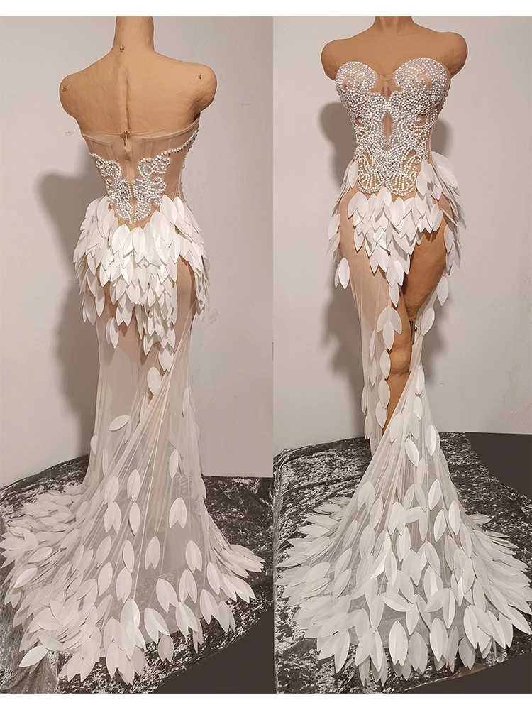 High Split 3d Designer Custom Pearl White Fishtail Dress See Thought Club Outfit Performance Drag Queen Dance Stage Catwalk Show C260331