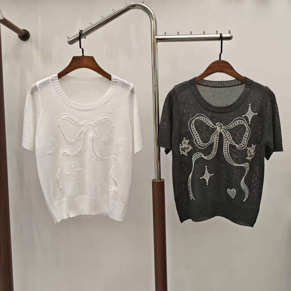 2026 Summer New Designer Color blocked Hollow FC Bow Embroidered Short Round Neck Short k30 Sleeve Knitted Top