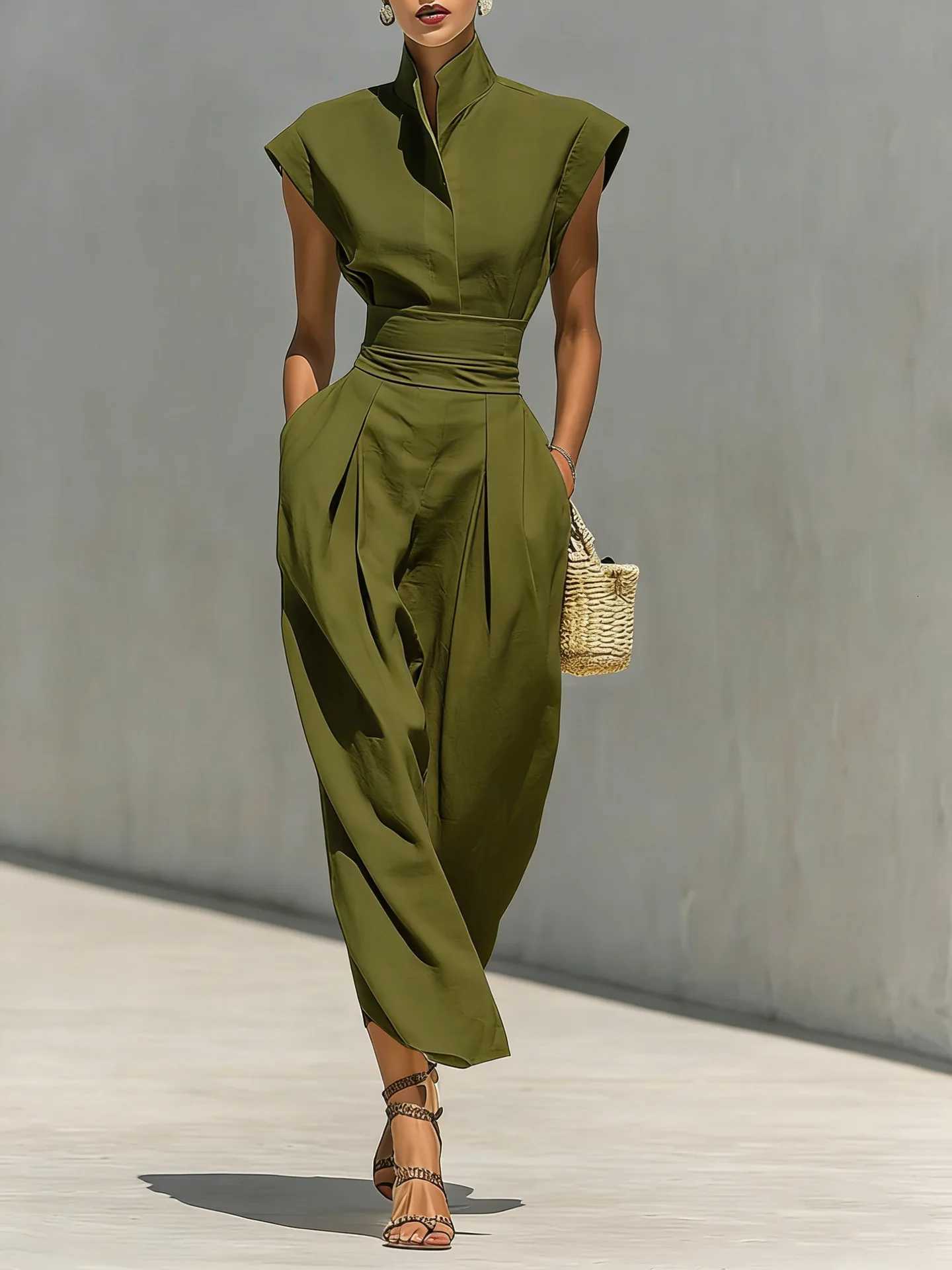 Summer New High Waist Pocket Dress Elegant Lady Slim Pleated Midi Dresses Fashion Solid Stand Collar Sleeveless Commuting Dress C260331