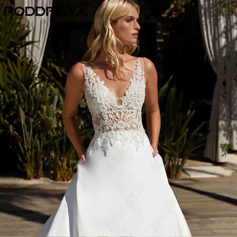 RODDRSYA Simple Satin Wedding Dresses Elegant V-Neck Insertable Pocket Bridal Party Sexy Button Backless vestidos de novia 2024 C260331