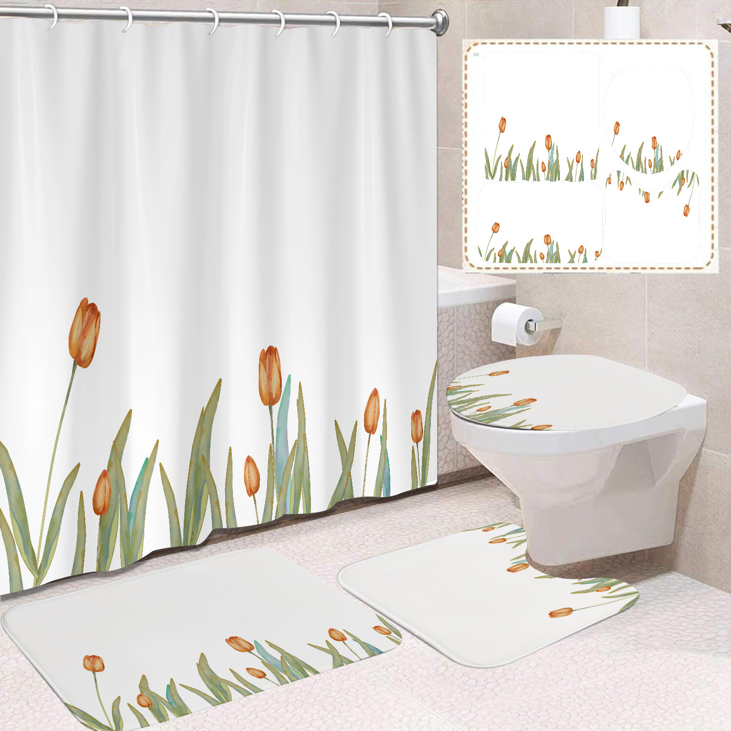 YL-38418 Floral Shower Curtain and Mat Set (4 Pieces) - Bathroom Dry and Wet Separation, Toilet Isolation Curtain, Modern Minimalist Style