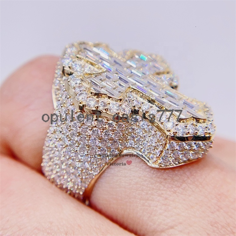 Pass Diamond Tester Men Hip Hop Iced Out Baguette Cut Moissanite 10k Gold Ring