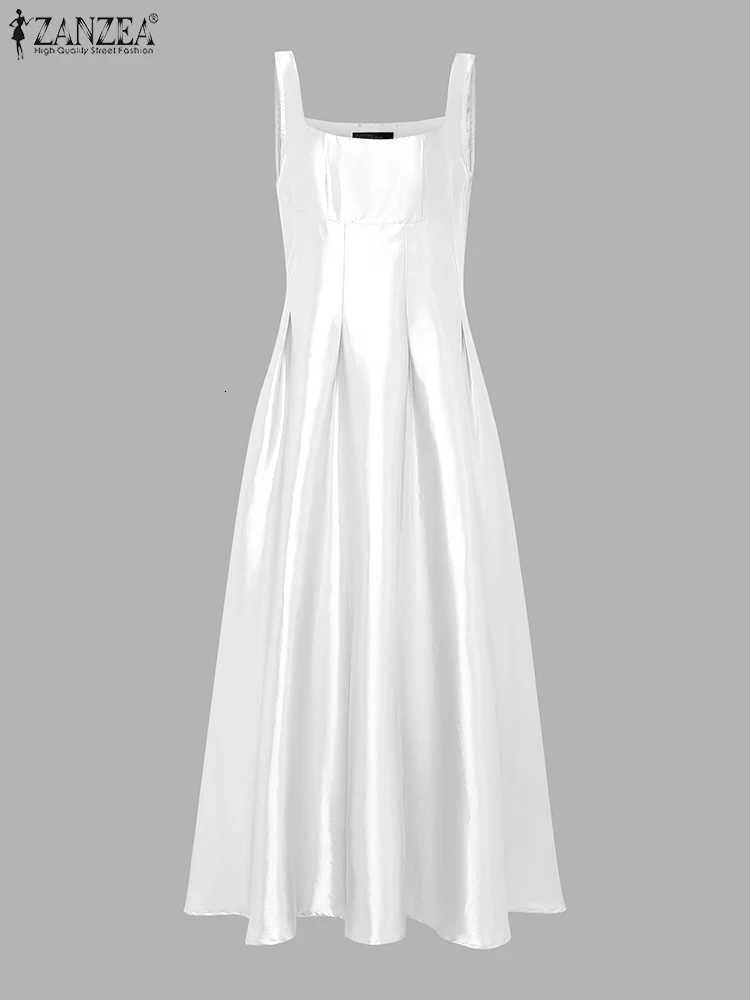 ZANZEA Womens Elegant White Satin Long Dresses Wedding Guest Cocktail Evening Party Dress Square Neck Sleeveless Woman Clothes C260331
