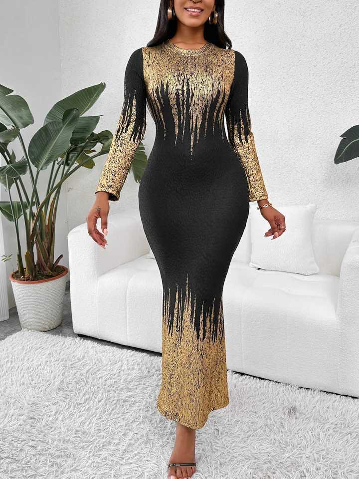 Womens Elegant Crew Neck Long Sleeve Evening Party Floor Length Print Casual Long Mermaid Bodycon Sheath Long Dress C260331