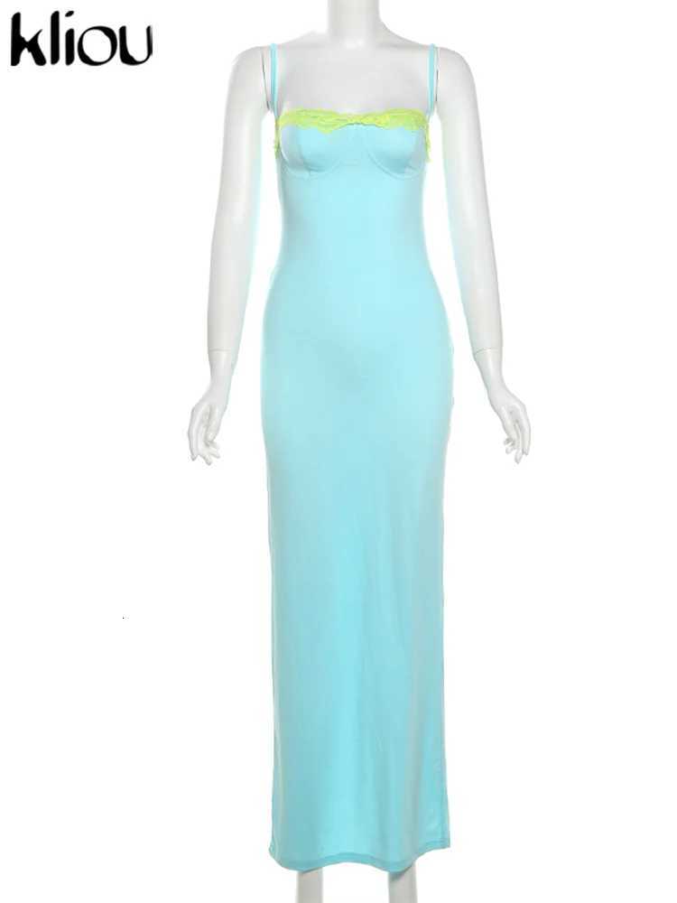 kliou Lace Patchwork Fashion Dress Women Elegant Suspendency Backless Sheath Concise Vestidos Mujer Vacation High Street Wear C260331