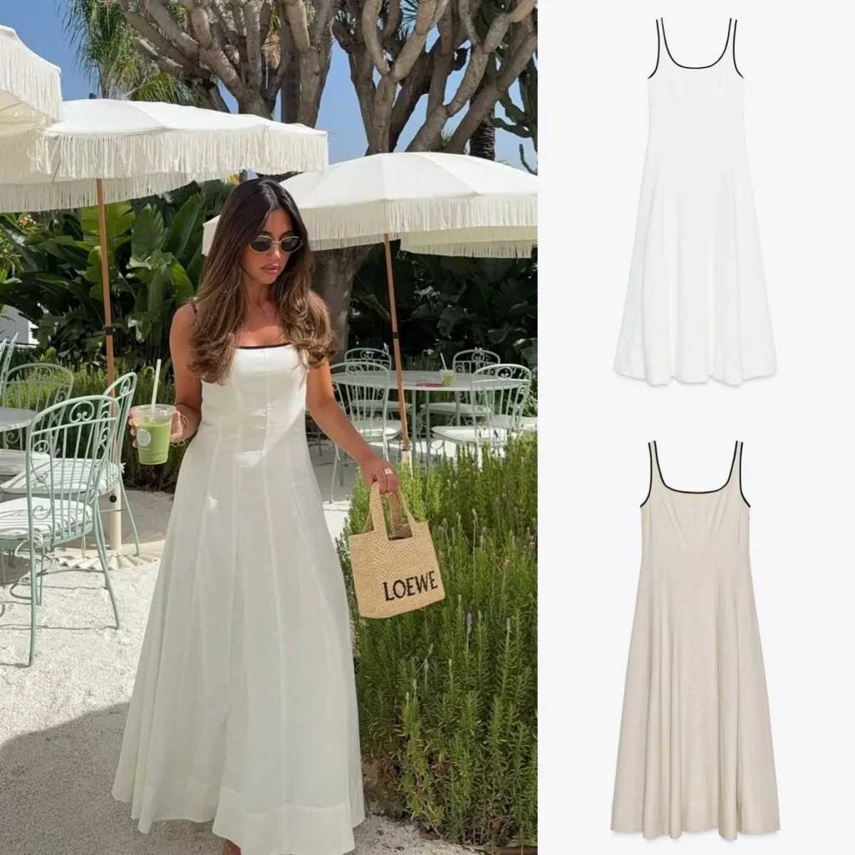 ETJ 2025 summer new contrast-color trim A-line version of elegant matching MIDI tank top dress C260331