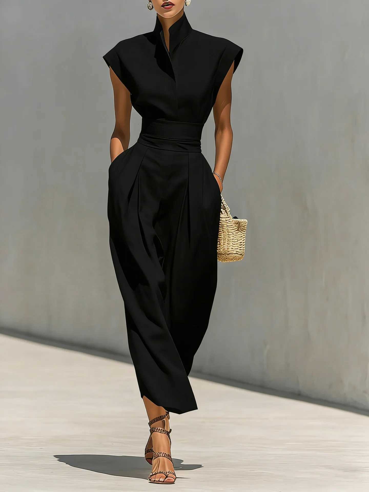 Summer New High Waist Pocket Dress Elegant Lady Slim Pleated Midi Dresses Fashion Solid Stand Collar Sleeveless Commuting Dress C260331