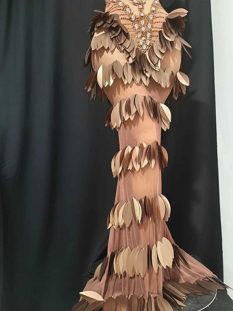 Sexy brown Leaves rhinestone Evening Dancewear fishtail dress Celebrate Catwalk Show nightclub Performance Stage Outfit costume C260331