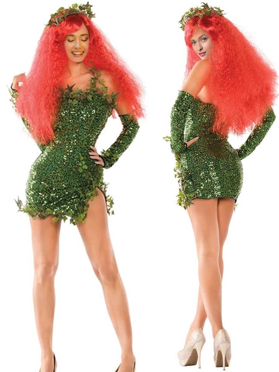 Women Green Ivy Halloween Cosplay Costume Party Deluxe Sleeveless Fake Leaves Strapless Sequin Mini Dress with Gloves Set C260331