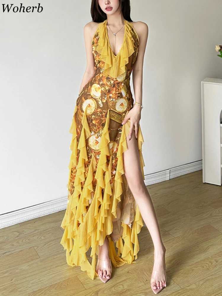 Print Split Maxi Dresses for Women 2026 Vestidos De Mujer Slim Waist Ruffled Temperament Robe Femme Y2K Halter Sexy Summer Dress C260331