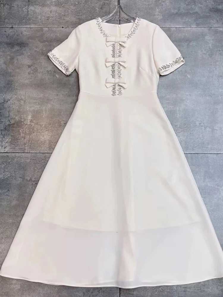 Heavy industry luxury bow short sLeeve dress high waist long skirt 2024 autumn womens new big swing A-line skirt C260331