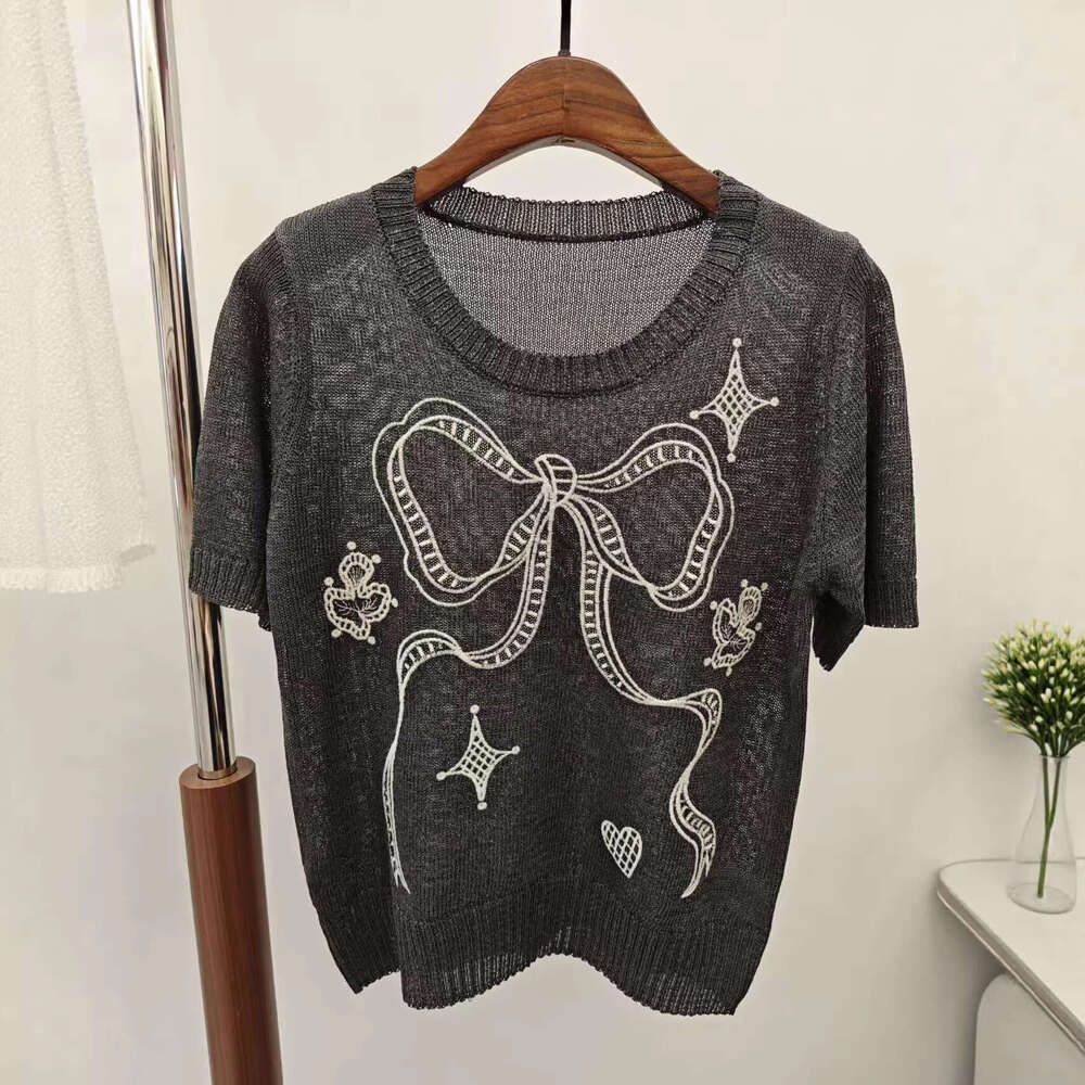 2026 Summer New Designer Color blocked Hollow FC Bow Embroidered Short Round Neck Short k30 Sleeve Knitted Top