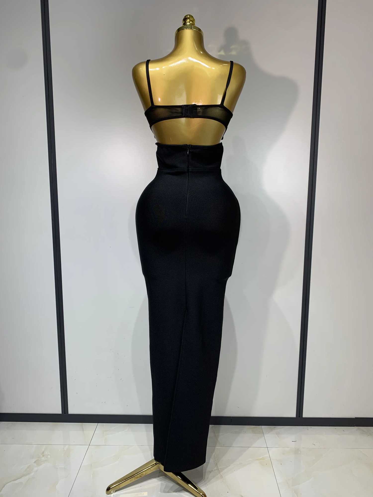 Fashion Black Spaghetti Strap Maxi Long Bandage Dress Mesh Cut Out Elegant Celebirty Bodycon Evening Club Party Birthday Dresses C260331