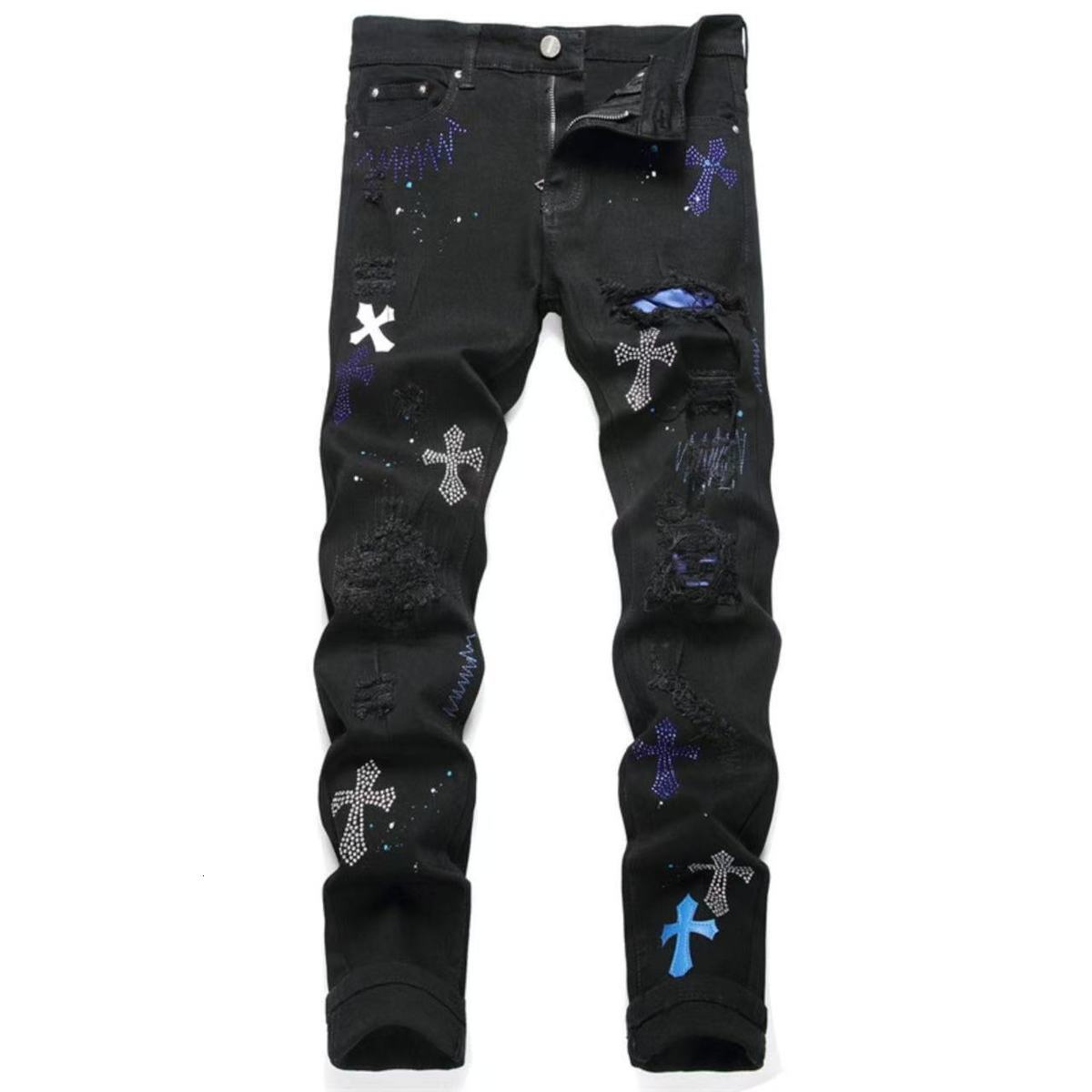 Luxury Brand Designer Clothes High Street Black Cross Rhinestone Distressed Jeans For Men, Trendy Vintage Print Slim-Fit Casual Pants In Japanese Styl - view 6