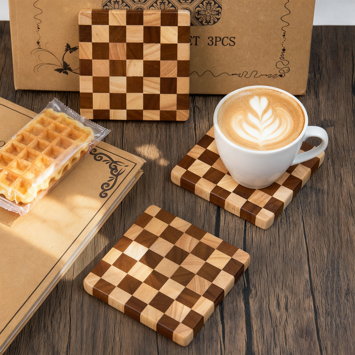 Rubber Wood Checkerboard Heat Insulation Wooden Carbonized Vertical Puzzle Tea Cake Tray Coaster