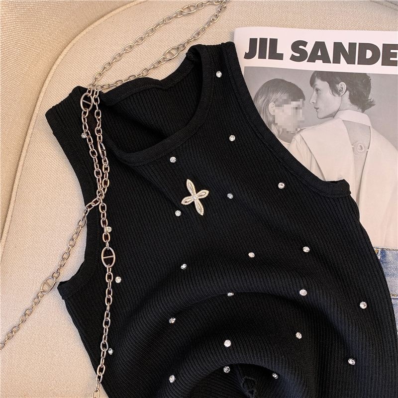 Summer Sexy Sleeveless Vest Korean Fashion Inlay Diamond Luxury Slim Fit Knitting Tank Tops Women Camis Clothes
