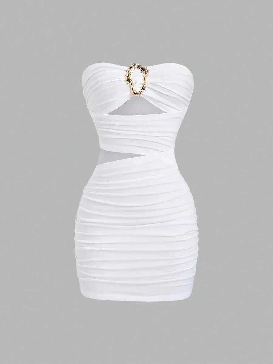 Womens Sexy Slim-Fit Strapless Bustier Mini Dress with Metal Buckle C260331