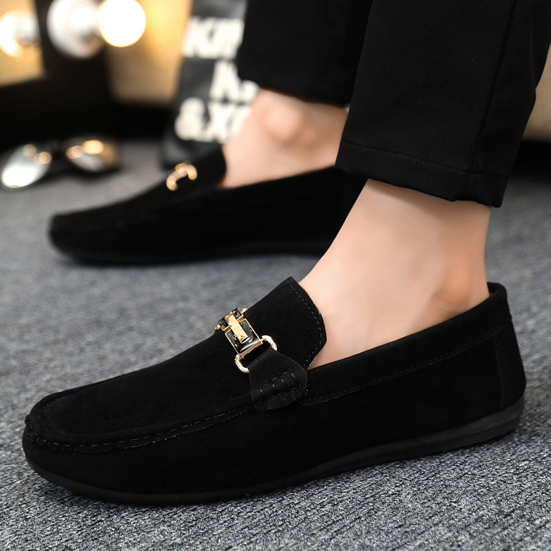 2026 Men's Suede Loafers Gold Metal Buckle Decor Slip-On Driving Shoes