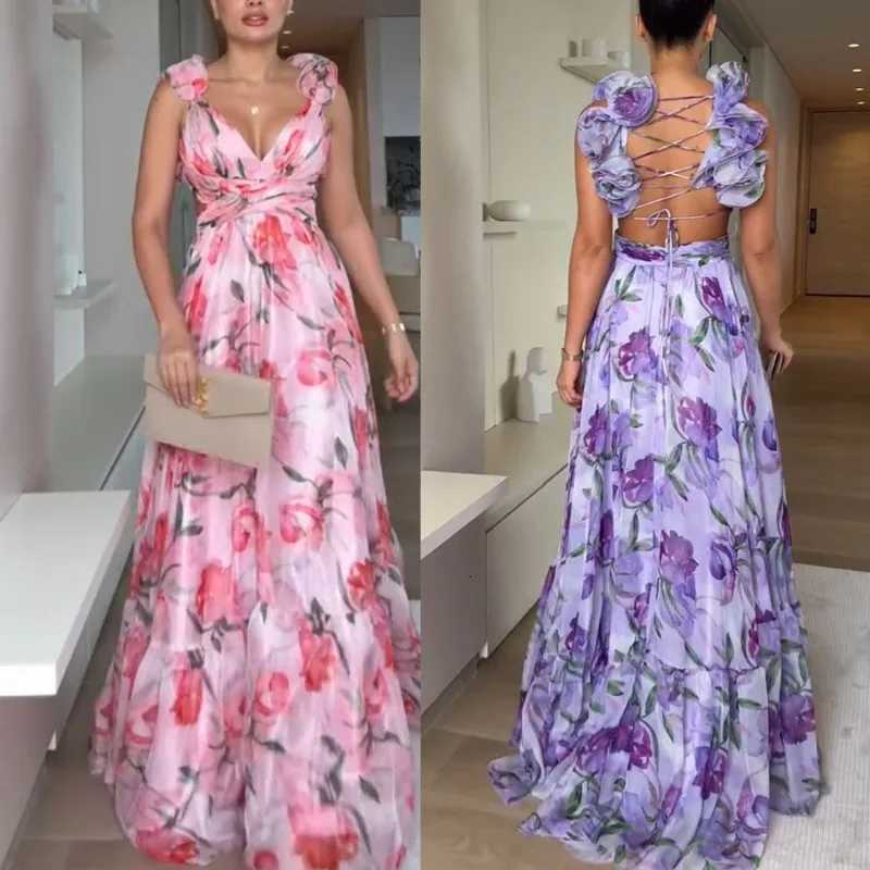 2025 New Bohemian Sexy Printed Women Dresses Halter Sleeveless Backless Naked Waist Long Dress Fashion Summer Beach Holiday Robe C260331