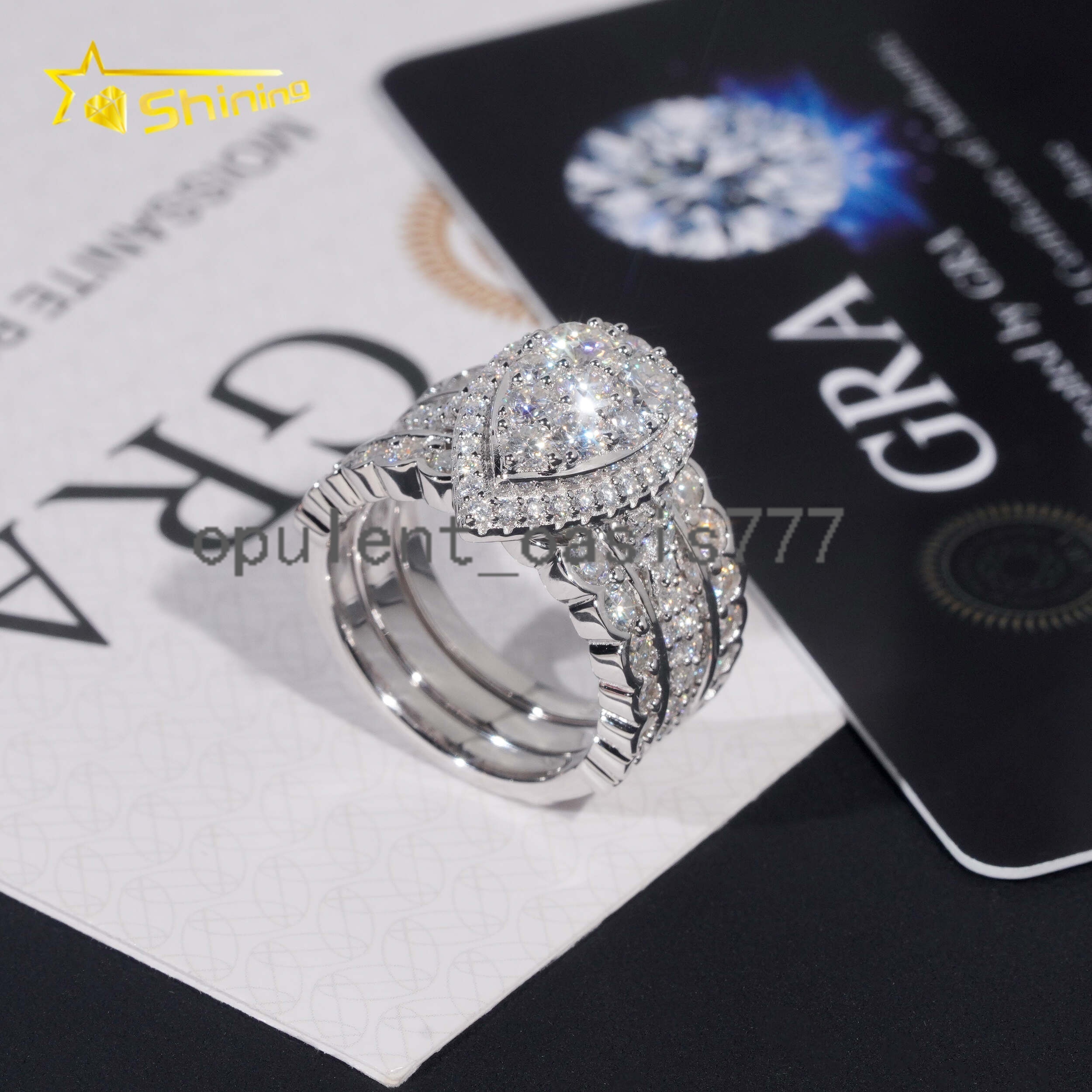 Trendy 925 Silver Rhodium Plated Custom Full VVS Moissanite Diamond Wedding Engagement Rings Set for Women