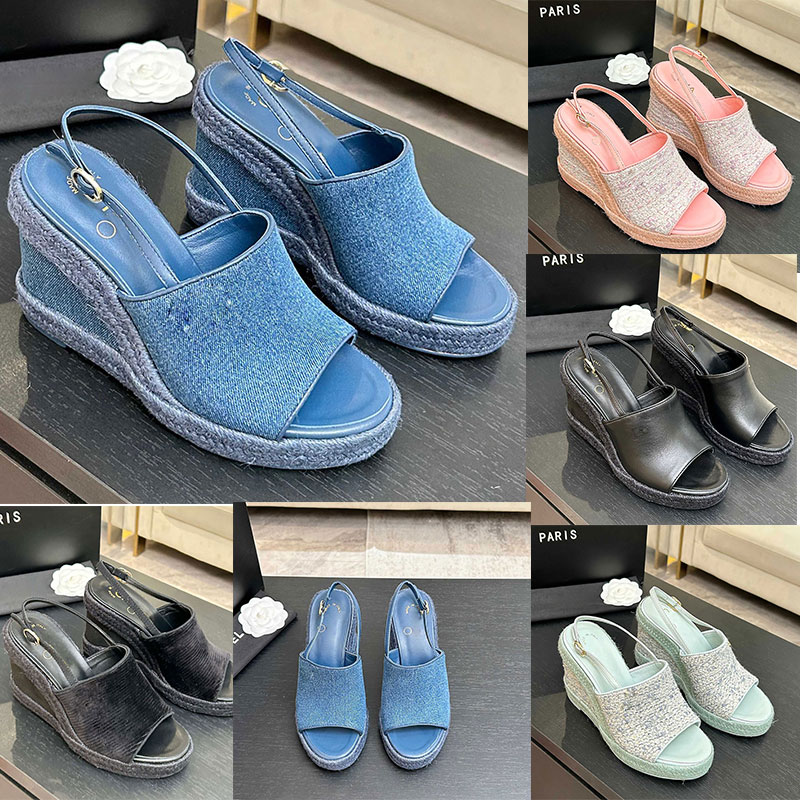 Womens Washed Denim Sandals Designer Wedge Sandal Ladies CC sandals Delicate Lambskin Fabric Full Layer Genuine Leather Outsole Size 35 41