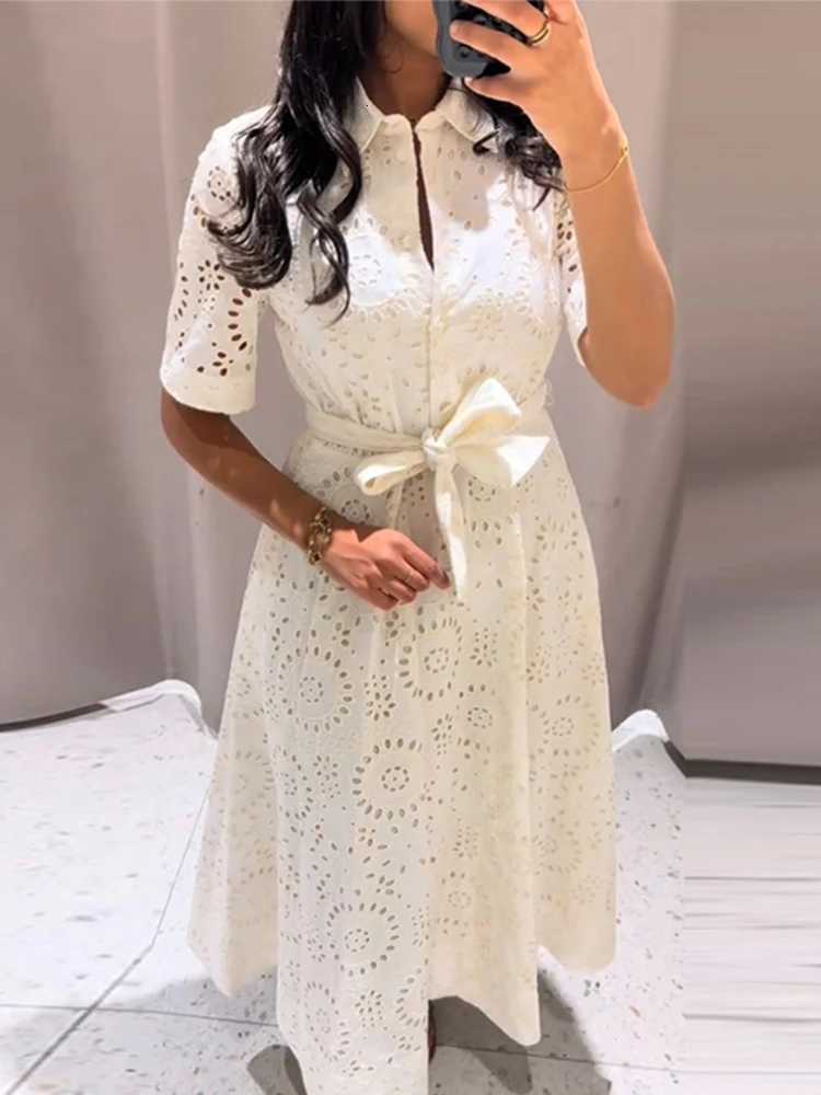 Elegant Embroidered Lapel Hollow Dress Women Fashionable Short Sleeve Belt High Waist Maxi Dresses Female Summer Chic Casual C260331